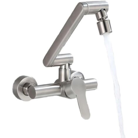 Robinet de Cuisine Mural Pliable avec 2 Types de Jets D'eau, Robinet D'Évier Pivotant à 360° Installation Facile en Acier Inoxydable 304, Mat( Sans Tuyaux) (1/5)
