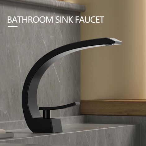 Robinet de lavabo de salle de bain moderne à un trou et une poignée, ,Mitigeur Lavabo,Eau Chaude et Froide,Noir mat élégant(Avec Tuyaux) (1/5)