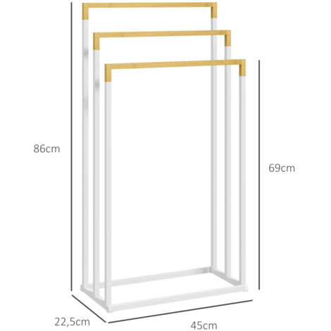 Porte-serviettes de salle de bain sur pied en métal chromé blanc avec 3 barres en bambou/bois dimensions : 45 x 22,5 x 86 cm. Blanc (1/4)