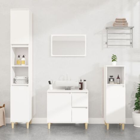 Armoire Salle de Bain Blanche 30x30x190 cm Bois d'Ingénierie - 6 Compartiments avec Portes, Fixation Mur Incluse (1/4)