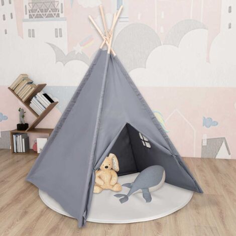 Tente Tipi Enfant - Structure Bois Pin - Toile Polyester Peau de Pêche Gris - 120x120x150 cm avec Sac de Transport (1/4)