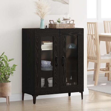 Buffet Moderne Chêne Noir 69,5x34x90 cm Bois d'Ingénierie et Fer 2 Portes Verre Rangement Salon Salle à Manger (1/4)