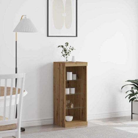 Buffet LED Moderne en Bois d'Ingénierie Chêne Artisanal 41x37x100 cm avec Éclairage RGB et Étages en Verre - Rangement Élégant pour Salon ou Salle à Manger (1/4)
