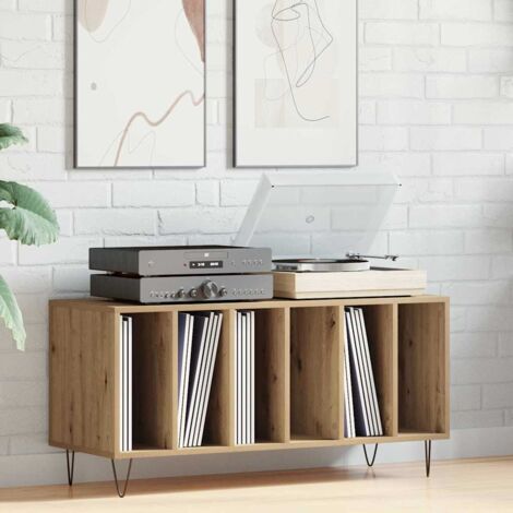 Meuble à vinyles 6 étagères en chêne artisanal 100x38x48 cm - Rangement moderne salon avec structure bois ingénierie et pieds acier (1/4)