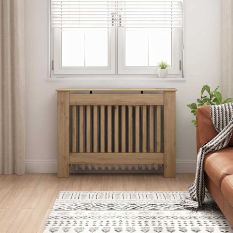 Cache-Radiateur en Bois d'Ingénierie Chêne Artisanal 112x19x81.5cm avec Étagère - Protection Enfants/Animaux - Design à Lamelles pour Chauffage Optimisé