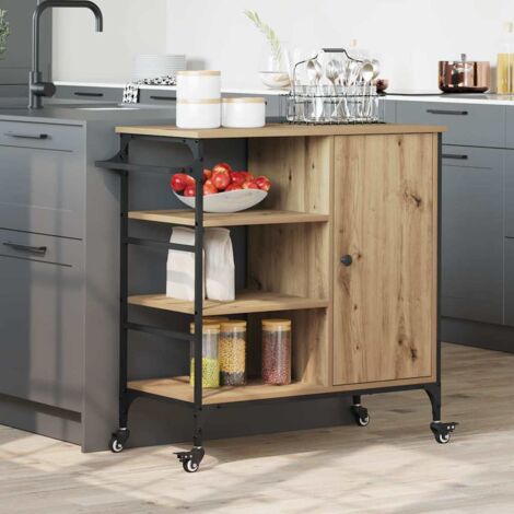Chariot de Cuisine en Bois d'Ingénierie Chêne Artisanal 87.5x39x84.5 cm avec Roulettes et Freins - Mobile et Compact (1/4)