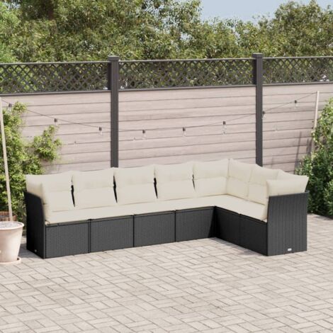 Canapé de Jardin 7 Places en Résine Tressée Noire avec Coussins Crème - Ensemble Modulaire avec Rangement et Housse Imperméable (1/3)