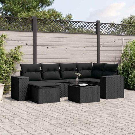 Salon de jardin 7 places en résine tressée noir avec coussins déhoussables - Table verre trempé - Meuble terrasse modulaire résistant aux intempéries (1/5)