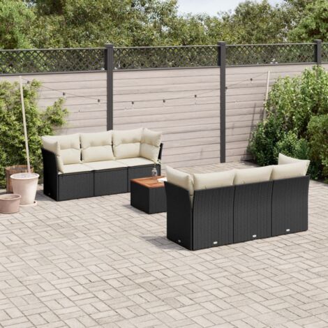 Ensemble Salon Jardin 7 Pièces Noir Résine Tressée avec Coussins Crème - Table Acacia, Meuble Extérieur Modulaire Résistant aux Intempéries (1/3)
