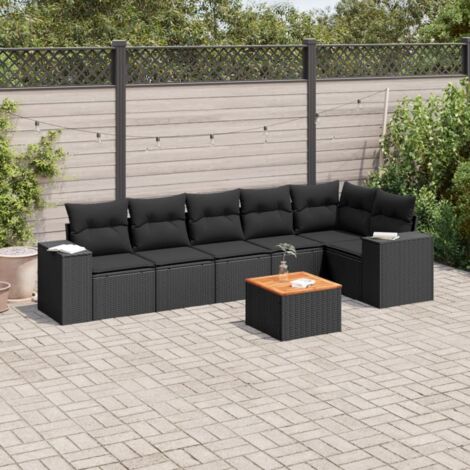 Ensemble Salon Jardin 7 Places Noir Résine Tressée avec Coussins - Canapé d'Angle, Siège Central et Table Acacia - Modulaire et Résistant aux Intempéries (1/3)