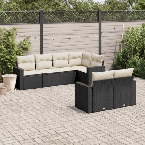 Ensemble Salon Jardin 7 Places Noir Résine Tressée avec Coussins Crème - Canapé d'Angle Modulaire (1/3)