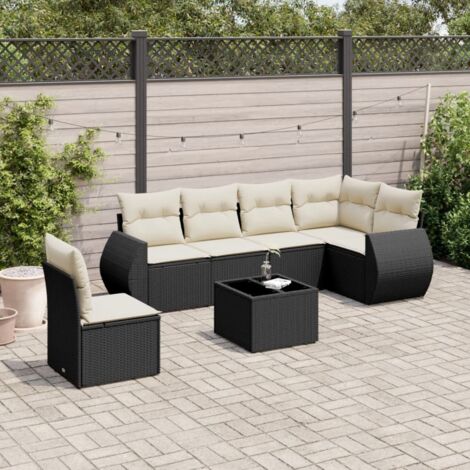 Canapé d'angle 7 pièces résine tressée noir avec coussins crème - Table verre trempé 55x55cm - Salon jardin modulaire résistant aux intempéries (1/5)