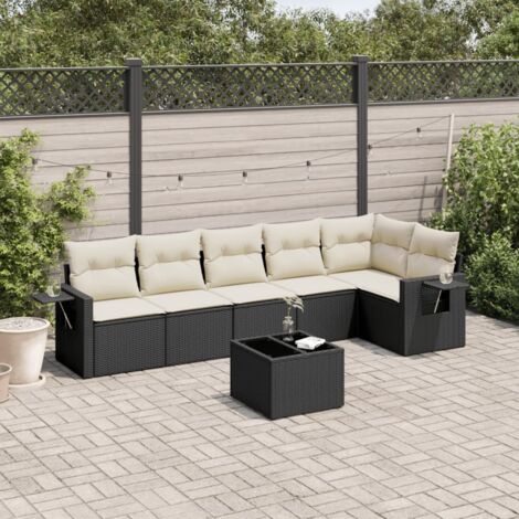 Salon de jardin 7 places en résine tressée noir avec coussins crème - Ensemble modulaire avec rangement et table d'appoint (1/3)