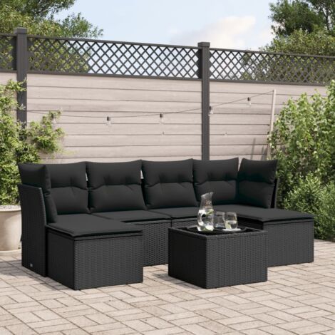 Ensemble Salon Jardin 7 Places Résine Tressée Noir avec Coussins - Table Verre Trempé, Modulaire et Lavable (1/3)