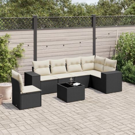 Ensemble Salon Jardin 7 Pièces Noir Résine Tressée avec Coussins - Table Verre Trempé, Modulaire, Housse Lavable (1/5)