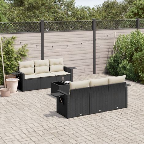 Ensemble Salon Jardin 7 Places Noir Résine Tressée avec Coussins Crème - Table Incluse - Modulaire et Rangeable (1/3)