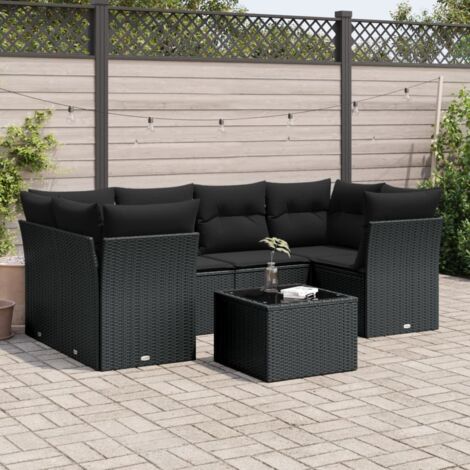Ensemble Salon Jardin 7 Pièces Résine Tressée Noir avec Coussins Crème - Table Verre Trempé, Modulaire, Housse Lavable (1/3)