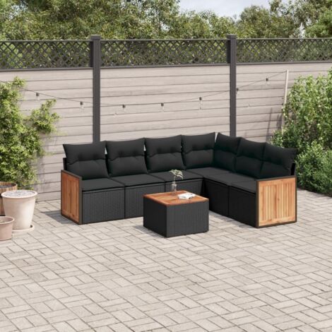 Ensemble Jardin 7 Places Noir Résine Tressée avec Coussins - Salon Extérieur Modulaire en Polyrotin et Table Acacia (1/5)