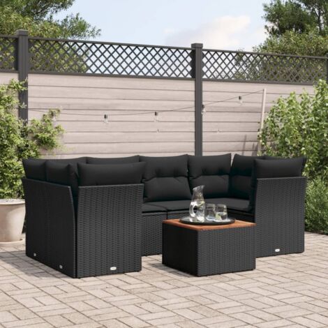 Ensemble Salon Jardin 7 Places Noir Résine Tressée - Canapés d'Angle et Central avec Coussins - Table Acacia 55x55cm - Modulaire Résistant aux Intempéries (1/3)