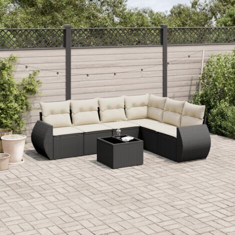 Salon de jardin 7 places noir résine tressée avec coussins crème - Ensemble modulaire 6 pièces + table verre trempé 55x55cm (1/5)