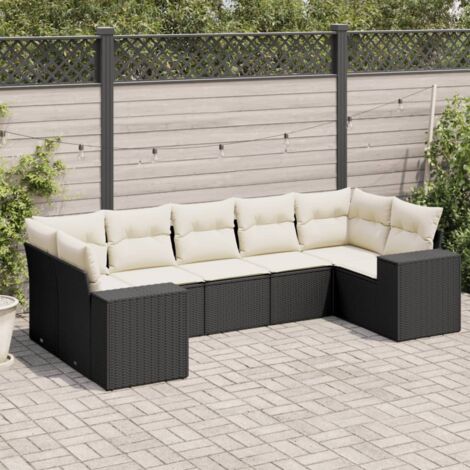 Ensemble Salon Jardin 7 Places Noir Résine Tressée avec Coussins Crème - Canapé d'Angle, Central et Accoudoirs - Mobilier Extérieur Modulaire (1/5)