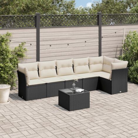 Ensemble Salon Jardin 7 Places Noir Résine Tressée avec Table Verre Trempé et Coussins Crème - Meuble Extérieur Modulaire avec Rangement Intégré (1/3)