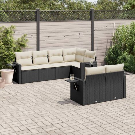 Canapé d'Angle Jardin 7 Places Résine Tressée Noir avec Coussins Crème - Ensemble Modulaire Salon Extérieur (1/5)
