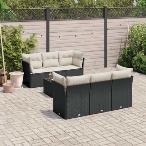 Ensemble Jardin 7 Pièces Noir Résine Tressée avec Coussins Crème - Table Verre Trempé, Modulaire, Housse Lavable, 110kg/ Siège, 62x62x69cm (1/3)