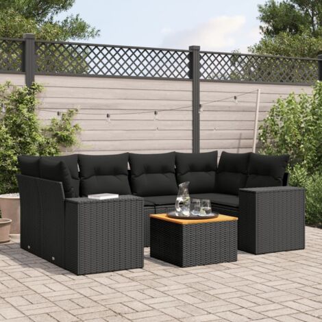 Salon de Jardin 7 Pièces en Résine Tressée Noir avec Coussins - Ensemble Modulaire pour Terrasse et Jardin - Table Acacia et Mobilier Durable (1/3)