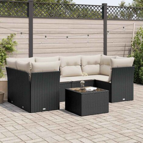 Ensemble Jardin 7 Pièces Noir Résine Tressée - Salon Extérieur avec Table Verre Trempé et Coussins Détachables - 6 Sièges Modulables (1/3)