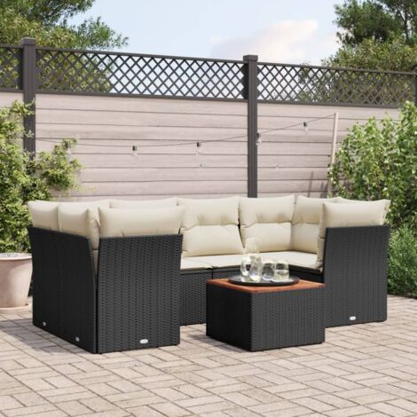 Ensemble Salon Jardin 7 Places Noir Résine Tressée avec Coussins Crème - Table Acacia - Modulaire (1/3)