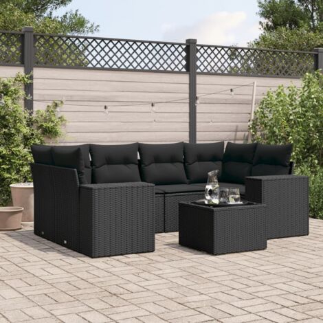 Ensemble Salon Jardin 7 Pièces Noir Résine Tressée avec Coussins - Table Verre Trempé, Modulaire, Housses Lavables - 110kg/ Siège (1/5)
