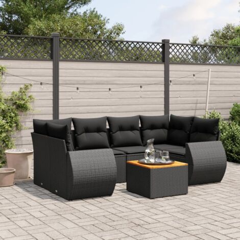 Ensemble Salon Jardin 7 Pièces Noir Résine Tressée avec Coussins - Canapés d'Angle et Central, Table Acacia, Modulaire et Résistant aux Intempéries (1/5)