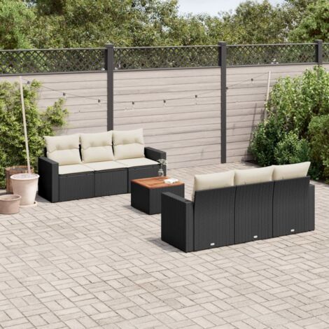 Salon de Jardin 7 Pièces Noir Résine Tressée avec Coussins Crème - Canapés d'Extérieur Modulaires avec Table Acacia - 6 Places Assises - Résistant aux UV (1/3)