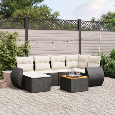 Ensemble Salon Jardin 7 Pièces Noir Résine Tressée avec Coussins Crème - Meuble Extérieur Modulaire Acacia (1/5)