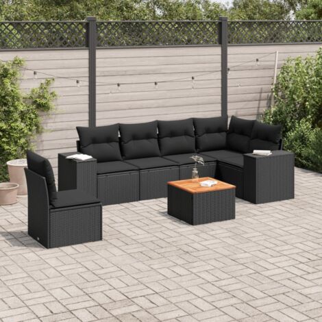 Ensemble Salon Jardin 7 Places Noir Résine Tressée avec Coussins - Canapé d'Angle, Central, Accoudoirs et Table Acacia - Modulaire Résistant aux UV (1/3)