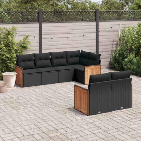 Ensemble Salon Jardin 7 Places Noir Résine Tressée avec Coussins - Canapé d'Angle, Siège Central et Accoudoirs - Mobilier Extérieur Modulaire Résistant aux Intempéries (1/5)