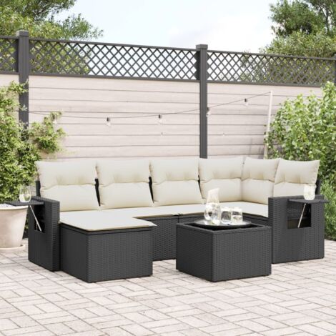 Salon de Jardin 7 Pièces Noir Résine Tressée avec Coussins Crème - Canapés d'Extérieur Modulaires avec Table et Rangement Intégré (1/3)