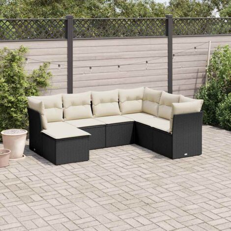 Salon de Jardin 7 Places Noir Résine Tressée avec Coussins Crème - Ensemble Modulaire 234x179cm avec Rangement et Housse Lavable (1/3)