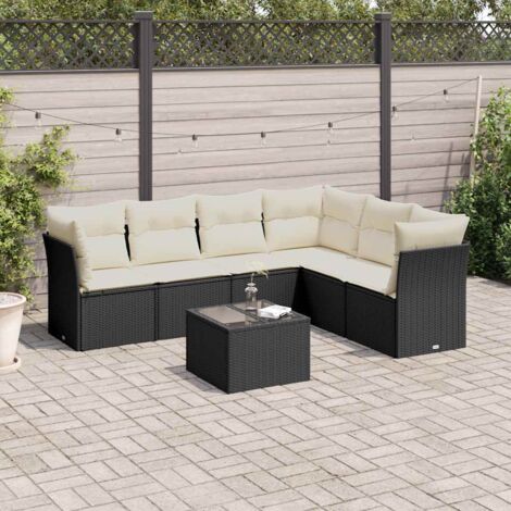 Ensemble Salon Jardin 7 Pièces Noir Résine Tressée avec Coussins Crème - Table Verre Trempé, Sièges Rangement Modulables (1/3)
