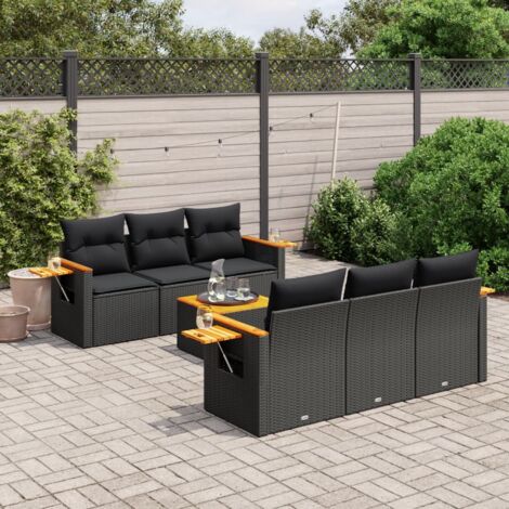 Ensemble Salon Jardin 7 Places Noir Résine Tressée avec Coussins - Canapés Modulaires, Table Acacia et Mobilier Extérieur Durable (1/5)