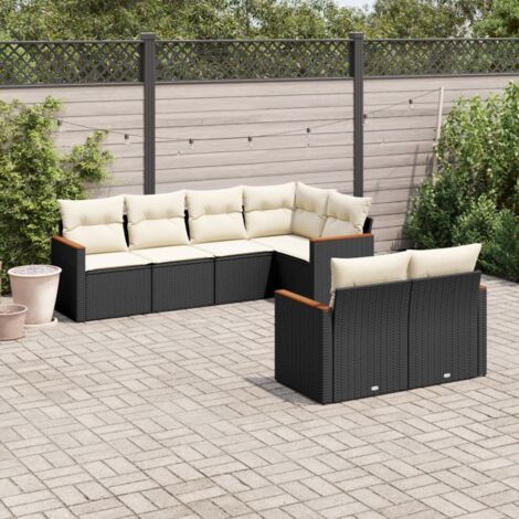 Ensemble Salon Jardin 7 Places Résine Tressée Noir avec Coussins Crème - Meuble Extérieur Modulaire avec Rangement et Housse Lavable (1/5)