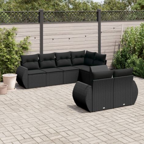 Ensemble Salon Jardin 7 Places Noir Résine Tressée avec Coussins Amovibles - Canapé d'Angle, Central et Accoudoirs - Meuble Extérieur Modulaire (1/5)