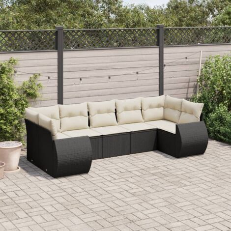 Ensemble Salon Jardin 7 Places Noir Résine Tressée avec Coussins Crème - Meuble Extérieur Modulaire (1/5)