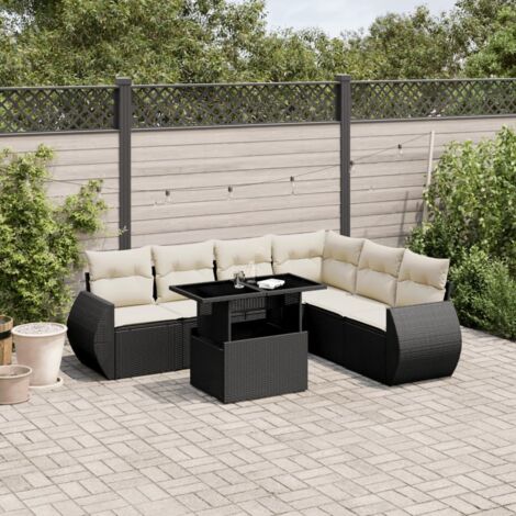 Ensemble salon jardin 7 pièces noir résine tressée avec coussins blanc crème - Table réglable hauteur 44/73cm - 6 sièges modulables (1/5)