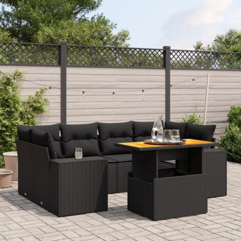 Salon de Jardin 7 Pièces Noir Résine Tressée avec Coussins Détachables - Table Réglable Hauteur, 6 Places, Meuble Extérieur Durable (1/3)