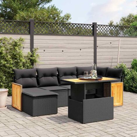 Ensemble Salon Jardin 7 Pièces Résine Tressée Noir avec Coussins Crème - Table Réglable Hauteur, Meuble Extérieur Modulaire pour Terrasse (1/3)