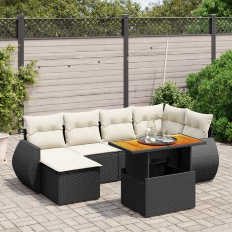 Ensemble Salon Jardin 7 Pièces Noir Résine Tressée avec Coussins Crème - Table Réglable Hauteur Modulable (1/3)