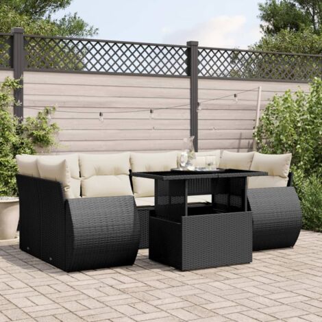 Ensemble jardin 7 pièces résine tressée noir avec coussins crème - Table réglable hauteur - 6 sièges modulables (1/5)