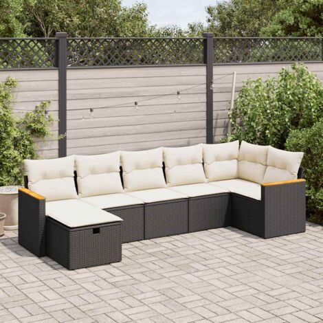 Ensemble Jardin 7 Pièces Résine Tressée Noir avec Coussins Crème - Table Réglable Hauteur, Modulaire (1/5)